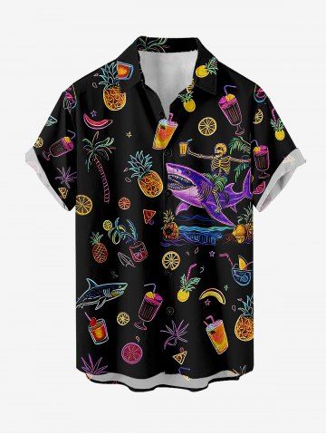 Plus Size Pineapple Skeleton Fruit Juice Coconut Tree Print Buttons Pocket Hawaii Shirt For Men - BLACK - 5XL