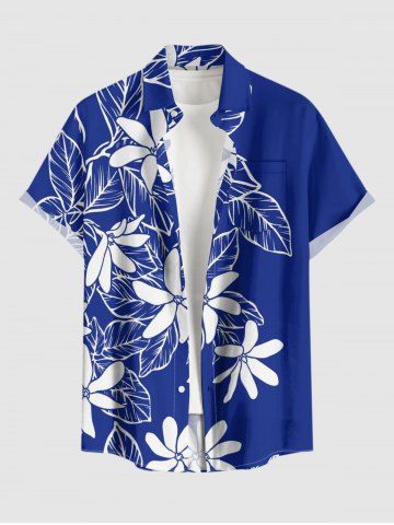 Plus Size Flower Leaf Print Buttons Pocket Hawaii Shirt For Men - BLUE - 2XL