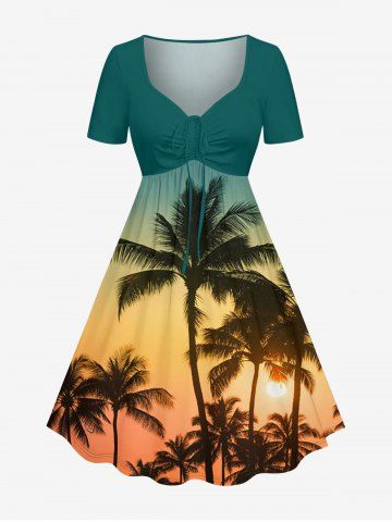 Plus Size Coconut Tree Ombre Sunset Sky Print Hawaii Cinched A Line Dress - DARK TURQUOISE - S