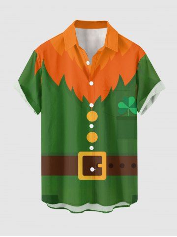Plus Size Elf Costume Print St. Patrick's Day Button Pocket Shirt For Men - GREEN - 3XL