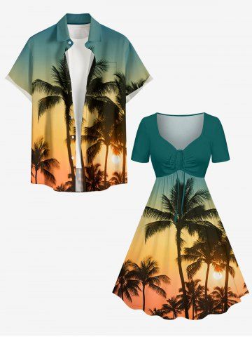 Tenue de plage hawaïenne assortie pour couples, imprimé coucher de soleil ombré avec cocotiers, grandes tailles