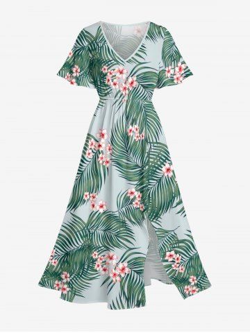 Plus Size Flowers Tropical Leaf Print Split Hawaii Midi Dress - LIGHT GREEN - XXS
