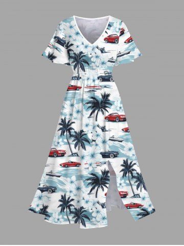 Robe midi fendue hawaïenne grande taille à imprimé fleurs de cocotier et vagues - WHITE - 6X