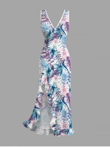 Flowers Tropical Leaf Print Hawaii Ruffles Split Surplice Dress - LIGHT PURPLE - XXL