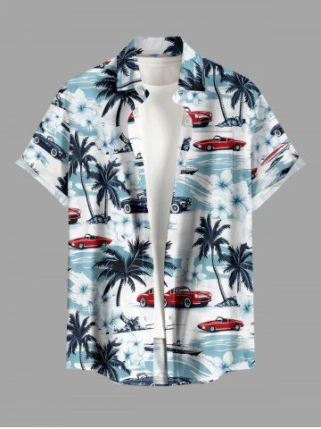 Plus Size Coconut Tree Flowers Sea Waves Car Print Buttons Pocket Hawaii Shirt For Men - WHITE - 5XL