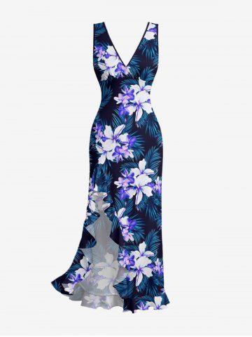 Tropical Leaf Hibiscus Flower Print Hawaii Ruffles Split Dress - DEEP BLUE - XXXL