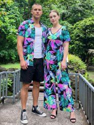 Hibiscus Flowers Tropical Leaf Print Matching Hawaii Beach Outfit For Couples -  