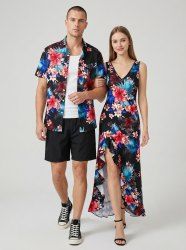 Ensemble de plage hawaïen assorti pour couples, imprimé feuilles tropicales et fleurs d'hibiscus, grandes tailles - Noir 