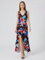 Hibiscus Flowers Tropical Leaf Print Hawaii Ruffles Split Surplice Dress -  