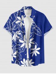 Chemise hawaïenne grande taille à imprimé floral et feuilles, boutons et poches pour homme - Bleu 2XL