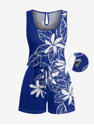 Flower Leaf Print Cinched Hawaii Romper -  