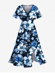 Plus Size Flowers Leaf Print Split Hawaii Midi Dress -  