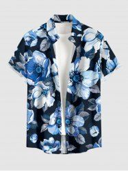 Chemise hawaïenne grande taille à imprimé floral et feuilles, boutons et poche pour homme - Bleu profond 6XL