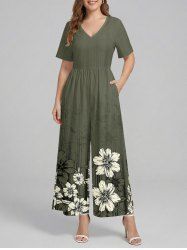 Flowers Stripes Print V Neck Hawaii Wide Leg Jumpsuit -  