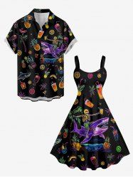 Tenue de plage hawaïenne assortie grande taille pour couples, avec imprimé ananas, squelette, jus de fruits et cocotier - Noir 