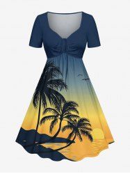 Plus Size Coconut Tree Bird Ombre Print Cinched Hawaii Dress -  
