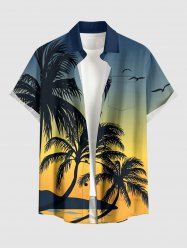 Chemise hawaïenne grande taille pour homme, imprimé ombré cocotier et oiseaux, boutons et poche. - Bleu profond 6XL