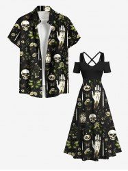 Ensemble assorti grande taille pour couples, motif tête de mort, main, fleurs et feuilles, imprimé bougie - Noir 