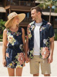 Matching Hawaii Shirt and Romper Plus Size Beach Outfit Flowers Leaf Print For Couples - Noir 