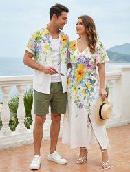 Colorful Flowers Leaf Oil Painting Print Plus Size Matching Hawaii Beach Outfit For Couples -  