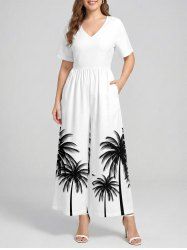Plus Size Coconut Tree Print V Neck Hawaii Wide Leg Jumpsuit -  