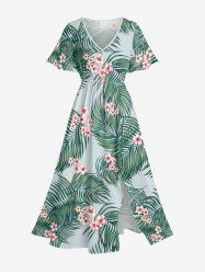 Robe midi hawaïenne fendue à imprimé floral tropical et feuilles grandes tailles - Vert clair S