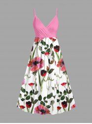 Plus Size Flowers Leaf Print Surplice Hawaii Cami Dress -  