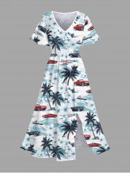 Robe midi fendue hawaïenne grande taille à imprimé fleurs de cocotier et vagues - Blanc L
