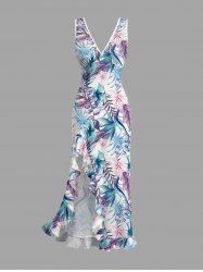 Flowers Tropical Leaf Print Hawaii Ruffles Split Surplice Dress -  