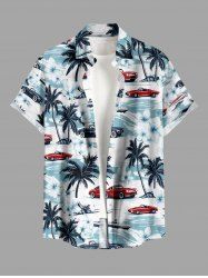 Plus Size Coconut Tree Flowers Sea Waves Car Print Buttons Pocket Hawaii Shirt For Men -  