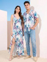 Flowers Tropical Leaf Print Matching Hawaii Beach Outfit For Couples -  