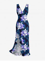 Tropical Leaf Hibiscus Flower Print Hawaii Ruffles Split Dress -  