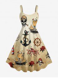 Robe débardeur hawaïenne grande taille à imprimé tête de mort, pirate, fleurs, gouvernail, ancre et pieuvre - café lumière 1X