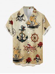 Skull Pirate Flower Ship Rudder Anchor Octopus Print Buttons Pocket Hawaii Shirt For Men -  