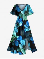 Ombre Flower Print Hawaii Split Pocket A Line Midi Dress - Bleu Ciel 3X