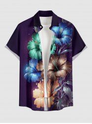 Plus Size Glitter Hibiscus Flower Print Hawaii Button Pocket Shirt For Men -  