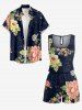 Matching Hawaii Shirt and Romper Plus Size Beach Outfit Flowers Leaf Print For Couples - Noir 