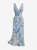 Plus Size Flowers Leaf Print Hawaii Ruffles Split Surplice Dress -  