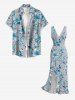 Plus Size Flowers Leaf Print Hawaii Ruffles Split Surplice Dress -  