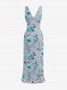 Plus Size Flowers Leaf Print Hawaii Ruffles Split Surplice Dress -  