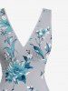 Robe hawaïenne à imprimé floral et feuilles, grande taille, volants, fente et décolleté cache-cœur - Gris Clair XXXL