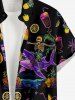 Chemise hawaïenne grande taille pour homme, à boutons et poche, avec imprimé ananas squelette, jus de fruits et cocotier. Motif : squelette d'ananas, jus de fruits et noix de coco. - Noir S