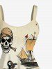 Robe débardeur hawaïenne grande taille à imprimé tête de mort, pirate, fleurs, gouvernail, ancre et pieuvre - café lumière 1X