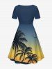 Plus Size Coconut Tree Bird Ombre Print Cinched Hawaii Dress -  