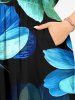 Ombre Flower Print Hawaii Split Pocket A Line Midi Dress - Bleu Ciel 3X