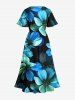 Ombre Flower Print Hawaii Split Pocket A Line Midi Dress - Bleu Ciel 3X