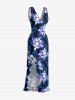 Tropical Leaf Hibiscus Flower Print Hawaii Ruffles Split Dress -  