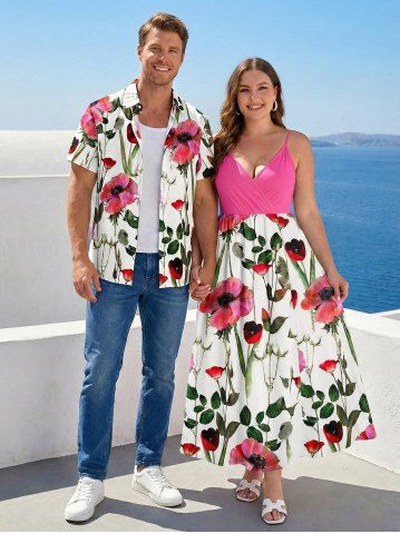 Ensemble de plage hawaïen assorti grande taille à imprimé fleurs et feuilles pour couples