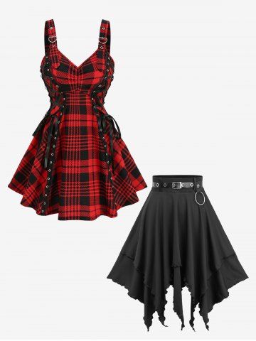 Ensemble composé d'un haut à carreaux imprimé froncé à lacets et d'une jupe trapèze unie à volants. - RED