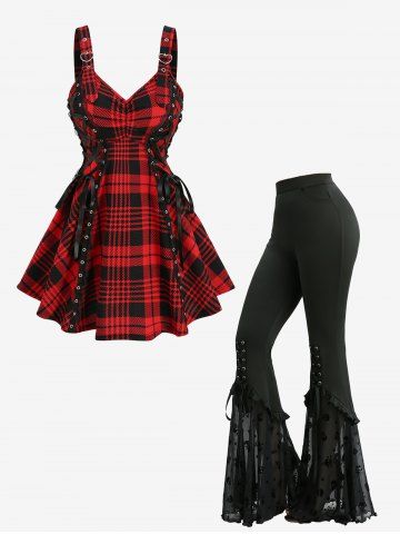 Ensemble composé d'un haut à carreaux froncé à lacets et d'un pantalon évasé à poches floquées et étoiles à tête de mort - RED